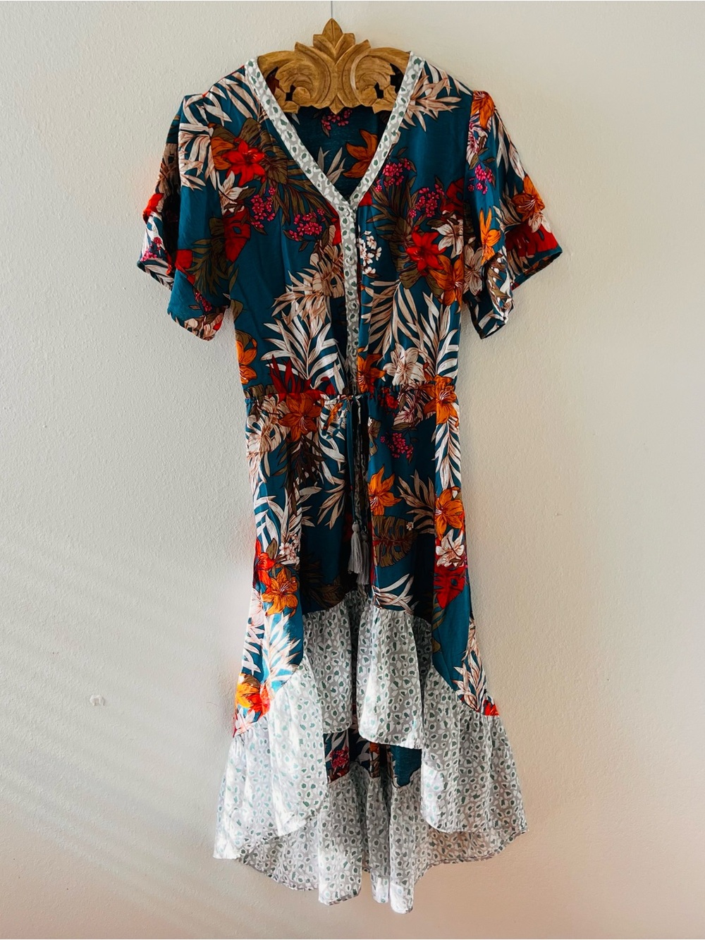 GiGiO USA Boho Tropical Floral High Low Dress Tassel Tie Medium